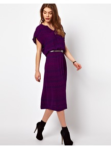 Printed Midi Dress - style: faux wrap/wrap; length: calf length; neckline: low v-neck; sleeve style: dolman/batwing; waist detail: belted waist/tie at waist/drawstring; bust detail: buttons at bust (in middle at breastbone)/zip detail at bust; secondary colour: purple; predominant colour: aubergine; occasions: casual, evening, work; fit: body skimming; fibres: viscose/rayon - 100%; sleeve length: short sleeve; trends: statement prints, glamorous day shifts; pattern type: fabric; pattern size: light/subtle; pattern: patterned/print; texture group: jersey - stretchy/drapey