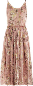 Jonquille 1964 Edition Silk Dress - length: calf length; neckline: round neck; sleeve style: spaghetti straps; fit: fitted at waist; waist detail: fitted waist; back detail: low cut/open back; bust detail: ruching/gathering/draping/layers/pintuck pleats at bust; predominant colour: pink; occasions: casual, evening, occasion, holiday; style: fit & flare; fibres: silk - mix; hip detail: soft pleats at hip/draping at hip/flared at hip; sleeve length: sleeveless; texture group: sheer fabrics/chiffon/organza etc.; trends: high impact florals, volume; pattern type: fabric; pattern size: standard; pattern: florals