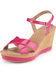 Open Toe Crossover Strap Wedge Sandals - predominant colour: hot pink; occasions: casual, holiday; material: faux leather; heel height: high; embellishment: buckles; ankle detail: ankle strap; heel: wedge; toe: open toe/peeptoe; style: strappy; finish: patent; pattern: plain