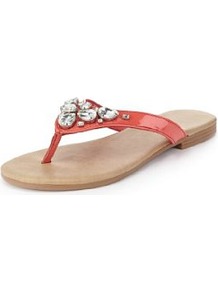 Jewel Toe Sandals - predominant colour: coral; occasions: casual, holiday; material: faux leather; heel height: flat; embellishment: crystals; heel: standard; toe: toe thongs; style: flip flops / toe post; finish: patent; pattern: plain