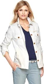 Utility Jacket - pattern: plain; style: boxy; predominant colour: white; occasions: casual; length: standard; fit: straight cut (boxy); fibres: cotton - stretch; collar: shirt collar/peter pan/zip with opening; sleeve length: long sleeve; sleeve style: standard; texture group: cotton feel fabrics; collar break: high; pattern type: fabric
