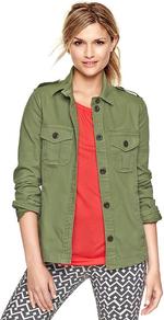 Utility Jacket - pattern: plain; style: single breasted blazer; shoulder detail: obvious epaulette; bust detail: added detail/embellishment at bust; collar: round collar/collarless; predominant colour: khaki; occasions: casual; length: standard; fit: straight cut (boxy); fibres: cotton - stretch; back detail: embellishment at back; sleeve length: long sleeve; sleeve style: standard; texture group: canvas/hessian; collar break: high; pattern type: fabric
