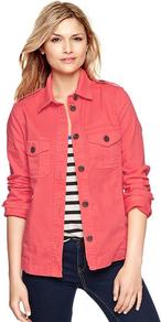 Utility Jacket - pattern: plain; shoulder detail: obvious epaulette; fit: loose; predominant colour: coral; occasions: casual; length: standard; fibres: cotton - stretch; collar: shirt collar/peter pan/zip with opening; sleeve length: long sleeve; sleeve style: standard; texture group: cotton feel fabrics; collar break: high/illusion of break when open; pattern type: fabric; style: single breasted military jacket