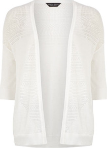 White Pointelle Edge To Edge - pattern: plain; neckline: collarless open; style: open front; predominant colour: white; occasions: casual; length: standard; fibres: cotton - mix; fit: loose; sleeve length: 3/4 length; sleeve style: standard; texture group: knits/crochet