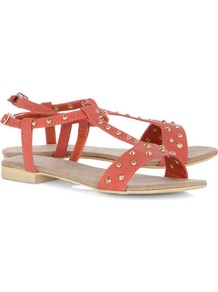 Coral Studded H Bar Sandals - predominant colour: coral; occasions: casual, holiday; material: faux leather; heel height: flat; embellishment: studs; ankle detail: ankle strap; heel: standard; toe: open toe/peeptoe; style: standard; finish: plain; pattern: plain