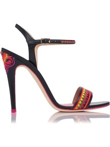 Cassia Embroidered Leather Sandal Black - predominant colour: black; occasions: evening, occasion; material: leather; heel height: high; embellishment: embroidered; ankle detail: ankle strap; heel: stiletto; toe: open toe/peeptoe; style: standard; finish: plain; pattern: patterned/print