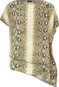 3583 Ines Stone Snake Print Silk Top - neckline: slash/boat neckline; length: below the bottom; predominant colour: taupe; occasions: evening; style: top; fibres: silk - 100%; fit: straight cut; sleeve length: short sleeve; sleeve style: standard; texture group: silky - light; pattern type: fabric; pattern size: standard; pattern: animal print