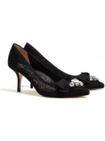 Black Lace Marrakech Mid Heel Pumps - predominant colour: black; occasions: evening, work, occasion; material: lace; heel height: high; embellishment: crystals; heel: stiletto; toe: pointed toe; style: courts; finish: plain; pattern: plain