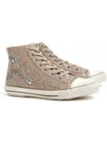 Taupe Vibration Studded Leather High Top Trainers - predominant colour: taupe; occasions: casual; material: leather; heel height: flat; embellishment: studs; heel: standard; toe: round toe; boot length: ankle boot; style: high top; trends: sporty redux; finish: plain; pattern: plain