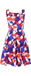 Taboo Print Silk Dress - sleeve style: sleeveless; style: prom dress; waist detail: structured pleats at waist; secondary colour: bright orange; occasions: evening, occasion; length: just above the knee; fit: fitted at waist & bust; fibres: silk - mix; hip detail: structured pleats at hip; predominant colour: multicoloured; sleeve length: sleeveless; texture group: cotton feel fabrics; trends: volume, modern geometrics; neckline: low square neck; pattern type: fabric; pattern size: big & busy; pattern: patterned/print