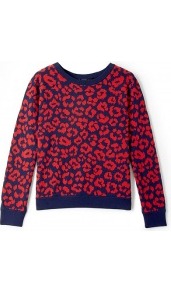 Lita Cheetah Print Cotton Sweater - neckline: round neck; style: standard; predominant colour: true red; occasions: casual; length: standard; fibres: cotton - mix; fit: standard fit; sleeve length: long sleeve; sleeve style: standard; texture group: knits/crochet; trends: statement prints; pattern type: fabric; pattern size: small & busy; pattern: animal print