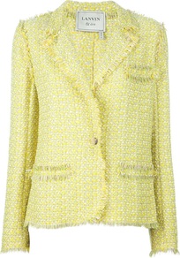 Tweed Jacket - style: single breasted blazer; collar: standard lapel/rever collar; pattern: herringbone/tweed; predominant colour: primrose yellow; occasions: casual, evening, work, occasion; length: standard; fit: tailored/fitted; fibres: cotton - mix; sleeve length: long sleeve; sleeve style: standard; collar break: medium; pattern type: fabric; pattern size: standard; texture group: tweed - light/midweight