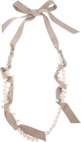 Long Necklace - predominant colour: champagne; occasions: evening, work, occasion; style: standard; length: long; size: standard; material: fabric; trends: metallics; finish: plain; embellishment: beading, bow, pearls, ribbon
