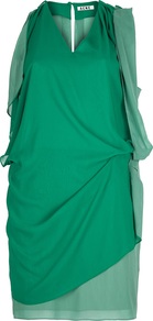 Draped Dress - style: shift; length: mid thigh; neckline: v-neck; pattern: plain; sleeve style: sleeveless; fit: bias; waist detail: twist front waist detail/nipped in at waist on one side/soft pleats/draping/ruching/gathering waist detail; predominant colour: emerald green; occasions: evening, occasion; fibres: polyester/polyamide - 100%; shoulder detail: flat/draping pleats/ruching/gathering at shoulder; back detail: keyhole/peephole detail at back; sleeve length: sleeveless; trends: glamorous day shifts, volume; hip detail: ruffles/tiers/tie detail at hip; pattern type: fabric; pattern size: standard; texture group: jersey - stretchy/drapey