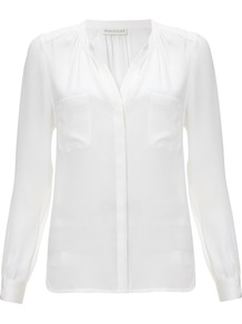 Georgia Oversized Blouse - pattern: plain; bust detail: pocket detail at bust; style: blouse; predominant colour: ivory; occasions: evening, work, holiday; length: standard; neckline: mandarin with v-neck; fibres: silk - 100%; fit: straight cut; sleeve length: long sleeve; sleeve style: standard; texture group: silky - light; pattern type: fabric