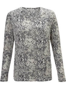Flora Snakeskin Print Tee - neckline: round neck; secondary colour: ivory; predominant colour: mid grey; occasions: casual, work; length: standard; style: top; fibres: cotton - mix; fit: body skimming; sleeve length: long sleeve; sleeve style: standard; texture group: cotton feel fabrics; pattern type: fabric; pattern size: small & busy; pattern: animal print