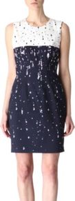 Emory Print Shift Dress - style: shift; neckline: round neck; fit: tailored/fitted; sleeve style: sleeveless; waist detail: fitted waist; shoulder detail: contrast pattern/fabric at shoulder; predominant colour: navy; occasions: casual, evening, work, occasion; length: just above the knee; fibres: cotton - stretch; sleeve length: sleeveless; texture group: crepes; trends: glamorous day shifts; pattern type: fabric; pattern size: small & light; pattern: patterned/print