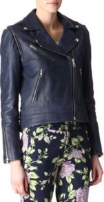 Bowery Leather Biker Jacket - pattern: plain; style: biker; collar: asymmetric biker; fit: slim fit; predominant colour: navy; occasions: casual, evening, work; length: standard; fibres: leather - 100%; sleeve length: long sleeve; sleeve style: standard; texture group: leather; collar break: medium; pattern type: fabric