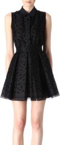 Silk Organza Dress - length: mid thigh; neckline: shirt collar/peter pan/zip with opening; pattern: plain; sleeve style: sleeveless; style: full skirt; waist detail: fitted waist; predominant colour: black; occasions: evening, occasion; fit: fitted at waist & bust; fibres: silk - 100%; hip detail: structured pleats at hip; sleeve length: sleeveless; texture group: sheer fabrics/chiffon/organza etc.; trends: volume; pattern type: fabric; embellishment: embroidered