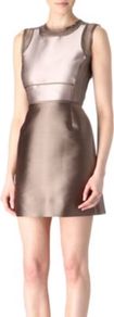 Satin And Organza Dress - style: a-line; length: mini; fit: fitted at waist; pattern: plain; sleeve style: sleeveless; waist detail: fitted waist; back detail: contrast pattern/fabric at back; predominant colour: taupe; secondary colour: bronze; occasions: evening, occasion; fibres: silk - mix; neckline: crew; sleeve length: sleeveless; texture group: sheer fabrics/chiffon/organza etc.; trends: metallics; pattern type: fabric; pattern size: standard