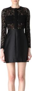 Lace And Satin Dress - style: shift; length: mini; fit: tailored/fitted; pattern: plain; predominant colour: black; occasions: evening; fibres: cotton - mix; neckline: crew; bust detail: contrast pattern/fabric/detail at bust; sleeve length: long sleeve; sleeve style: standard; texture group: structured shiny - satin/tafetta/silk etc.; pattern type: fabric; embellishment: lace