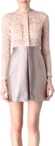Lace And Satin Dress - style: shift; length: mini; pattern: plain; waist detail: fitted waist; predominant colour: nude; secondary colour: champagne; occasions: evening; fit: fitted at waist & bust; fibres: cotton - mix; neckline: crew; sleeve length: long sleeve; sleeve style: standard; texture group: lace; pattern type: fabric; embellishment: lace