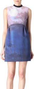 Printed Dress - style: shift; length: mid thigh; sleeve style: sleeveless; neckline: high neck; waist detail: fitted waist; secondary colour: blush; predominant colour: denim; occasions: evening, occasion; fit: body skimming; fibres: polyester/polyamide - 100%; sleeve length: sleeveless; texture group: structured shiny - satin/tafetta/silk etc.; pattern type: fabric; pattern size: big & light; pattern: patterned/print