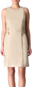 Fitted Zipper Dress - style: shift; fit: tailored/fitted; pattern: plain; sleeve style: sleeveless; waist detail: fitted waist; predominant colour: nude; occasions: work; length: just above the knee; fibres: cotton - 100%; neckline: crew; sleeve length: sleeveless; texture group: jersey - stretchy/drapey; embellishment: chain/metal