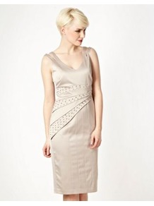 Designer Natural Stud Split Strap Dress - style: shift; neckline: low v-neck; fit: tailored/fitted; pattern: plain; sleeve style: sleeveless; back detail: low cut/open back; waist detail: twist front waist detail/nipped in at waist on one side/soft pleats/draping/ruching/gathering waist detail; predominant colour: nude; occasions: evening, occasion; length: on the knee; fibres: polyester/polyamide - stretch; sleeve length: sleeveless; texture group: structured shiny - satin/tafetta/silk etc.; trends: metallics; pattern type: fabric; embellishment: jewels