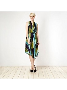 Designer Aqua Snake Dress - neckline: v-neck; fit: fitted at waist; sleeve style: sleeveless; waist detail: belted waist/tie at waist/drawstring; occasions: casual, evening, occasion, holiday; length: on the knee; style: asymmetric (hem); fibres: polyester/polyamide - 100%; hip detail: soft pleats at hip/draping at hip/flared at hip; back detail: shorter hem at back than at front (dresses); predominant colour: multicoloured; sleeve length: sleeveless; texture group: silky - light; trends: statement prints; pattern type: fabric; pattern size: big & busy; pattern: patterned/print