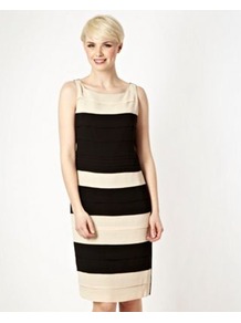 Black Tiered Colour Block Shift Dress - style: shift; neckline: round neck; fit: tailored/fitted; pattern: horizontal stripes; sleeve style: sleeveless; secondary colour: ivory; predominant colour: black; occasions: evening, occasion; length: just above the knee; fibres: polyester/polyamide - 100%; sleeve length: sleeveless; texture group: crepes; hip detail: ruffles/tiers/tie detail at hip; pattern type: fabric; pattern size: standard