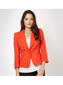 Designer Bright Orange Jacquard Jacket - pattern: plain; style: single breasted blazer; collar: standard lapel/rever collar; predominant colour: bright orange; occasions: work; length: standard; fit: tailored/fitted; fibres: cotton - mix; sleeve length: 3/4 length; sleeve style: standard; collar break: medium; pattern type: fabric; texture group: other - light to midweight