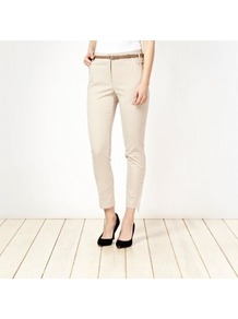 Beige Belted Circle Jacquard Trousers - pattern: plain; waist: mid/regular rise; predominant colour: stone; occasions: casual, evening, work; length: ankle length; fibres: cotton - stretch; texture group: structured shiny - satin/tafetta/silk etc.; fit: slim leg; pattern type: fabric; style: standard