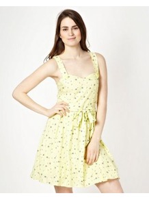 Designer Yellow Bow Pinafore Dress - length: mid thigh; sleeve style: standard vest straps/shoulder straps; neckline: sweetheart; waist detail: belted waist/tie at waist/drawstring; predominant colour: primrose yellow; occasions: casual, holiday; fit: fitted at waist & bust; style: fit & flare; hip detail: soft pleats at hip/draping at hip/flared at hip; sleeve length: sleeveless; texture group: cotton feel fabrics; pattern type: fabric; pattern size: small & light; pattern: patterned/print; fibres: viscose/rayon - mix