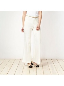 Ivory Belted Trousers - length: standard; pattern: plain; waist detail: belted waist/tie at waist/drawstring; waist: mid/regular rise; predominant colour: ivory; secondary colour: camel; occasions: evening, work, occasion, holiday; fibres: polyester/polyamide - stretch; texture group: crepes; fit: wide leg; pattern type: fabric; style: standard