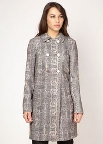 Designer Beige Mock Snakeskin Coat - hip detail: side pockets at hip; style: double breasted; length: on the knee; predominant colour: mid grey; occasions: casual, work; fit: straight cut (boxy); fibres: polyester/polyamide - 100%; collar: shirt collar/peter pan/zip with opening; sleeve length: long sleeve; sleeve style: standard; texture group: structured shiny - satin/tafetta/silk etc.; collar break: high; pattern type: fabric; pattern size: standard; pattern: animal print