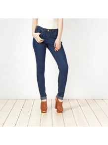 Blue Skinny Jeans - style: skinny leg; length: standard; pattern: plain; pocket detail: traditional 5 pocket; waist: mid/regular rise; predominant colour: navy; occasions: casual; fibres: cotton - stretch; jeans detail: dark wash; texture group: denim; pattern type: fabric