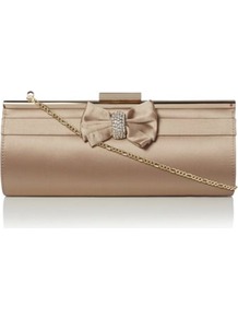 Taupe Satin Balli Satin Bow And Diamante Feature Clutch Bag - predominant colour: champagne; occasions: evening, occasion; type of pattern: standard; style: clutch; length: hand carry; size: small; material: satin; pattern: plain; finish: plain; embellishment: bow