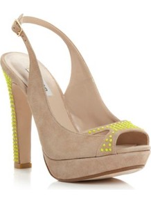 Taupe Suede Higher Neon Studded Slingback Heeled Sandal - predominant colour: nude; occasions: evening, occasion; material: suede; heel height: high; embellishment: studs; heel: platform; toe: open toe/peeptoe; style: slingbacks; trends: fluorescent; finish: plain; pattern: plain