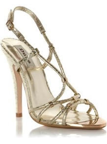 Gold Leather Heather Strappy Metallic Heeled Sandal - predominant colour: gold; occasions: evening, occasion, holiday; material: leather; heel height: high; ankle detail: ankle strap; heel: stiletto; toe: open toe/peeptoe; style: strappy; trends: metallics; finish: metallic; pattern: plain