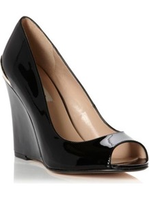Black Patent Covert Metal Trim Wedged Heel Peep Toe Court Shoe - predominant colour: black; occasions: casual, evening, work, occasion; material: leather; heel height: high; heel: wedge; toe: open toe/peeptoe; style: courts; finish: patent; pattern: plain