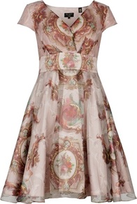 Ted Baker Punitee Baroque Print Dress - neckline: v-neck; waist detail: wide waistband/cummerbund; bust detail: ruching/gathering/draping/layers/pintuck pleats at bust; predominant colour: blush; occasions: evening, occasion; length: just above the knee; fit: fitted at waist & bust; style: fit & flare; fibres: silk - 100%; hip detail: soft pleats at hip/draping at hip/flared at hip; sleeve length: short sleeve; sleeve style: standard; texture group: structured shiny - satin/tafetta/silk etc.; trends: statement prints, volume; pattern type: fabric; pattern size: big & busy; pattern: patterned/print