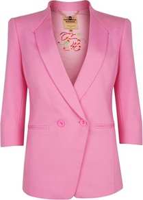 Ted Baker Meeda Double Breasted Blazer - pattern: plain; style: double breasted blazer; collar: shawl/waterfall; length: below the bottom; occasions: casual, evening, occasion; fit: tailored/fitted; fibres: viscose/rayon - stretch; back detail: back vent/flap at back; sleeve length: 3/4 length; sleeve style: standard; collar break: low/open; pattern type: fabric; texture group: woven light midweight; predominant colour: dusky pink