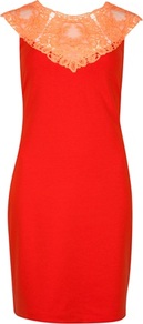 Ted Baker Violina Lace Trim Jersey Dress - style: shift; pattern: plain; sleeve style: sleeveless; waist detail: fitted waist; shoulder detail: contrast pattern/fabric at shoulder; back detail: contrast pattern/fabric at back; predominant colour: bright orange; occasions: evening, occasion; length: just above the knee; fit: body skimming; fibres: polyester/polyamide - mix; neckline: crew; bust detail: contrast pattern/fabric/detail at bust; sleeve length: sleeveless; texture group: lace; trends: glamorous day shifts, fluorescent; pattern type: fabric; pattern size: standard