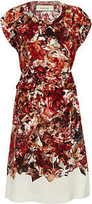 Fold Waist Silk Dress - style: shift; neckline: round neck; sleeve style: capped; waist detail: twist front waist detail/nipped in at waist on one side/soft pleats/draping/ruching/gathering waist detail; occasions: casual, evening, work; length: on the knee; fit: body skimming; fibres: silk - 100%; predominant colour: multicoloured; sleeve length: sleeveless; texture group: silky - light; trends: high impact florals; pattern type: fabric; pattern size: standard; pattern: florals