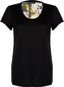 Contrast Back T Shirt - neckline: round neck; style: t-shirt; back detail: contrast pattern/fabric at back; predominant colour: black; occasions: casual, evening, work; length: standard; fibres: silk - mix; fit: straight cut; sleeve length: short sleeve; sleeve style: standard; texture group: silky - light; trends: high impact florals; pattern type: fabric; pattern size: big & busy; pattern: florals
