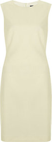Shift Dress - style: shift; fit: tailored/fitted; pattern: plain; sleeve style: sleeveless; predominant colour: ivory; occasions: evening, work, occasion; length: on the knee; fibres: wool - mix; neckline: crew; sleeve length: sleeveless; trends: glamorous day shifts; pattern type: fabric; pattern size: standard; texture group: other - light to midweight