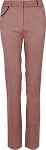 High Waist Trousers - length: standard; pattern: plain; pocket detail: large back pockets; waist: mid/regular rise; occasions: casual, evening, work; fibres: cotton - stretch; hip detail: added detail/embellishment at hip; waist detail: narrow waistband; fit: straight leg; pattern type: fabric; pattern size: standard; texture group: jersey - stretchy/drapey; style: standard; predominant colour: dusky pink