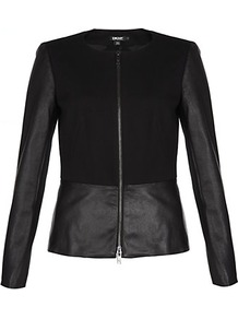 Leather Trim Jacket - pattern: plain; style: biker; collar: round collar/collarless; predominant colour: black; occasions: casual, evening, work, occasion; length: standard; fit: tailored/fitted; fibres: cotton - mix; waist detail: peplum detail at waist; sleeve length: long sleeve; sleeve style: standard; texture group: leather; collar break: high; pattern type: fabric; pattern size: standard