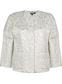 Metallic Jacquard Jacket - pattern: plain; collar: round collar/collarless; length: cropped; style: boxy; predominant colour: silver; occasions: evening, work, occasion; fit: straight cut (boxy); fibres: cotton - mix; sleeve length: 3/4 length; sleeve style: standard; texture group: structured shiny - satin/tafetta/silk etc.; trends: metallics; collar break: high; pattern type: fabric; pattern size: standard